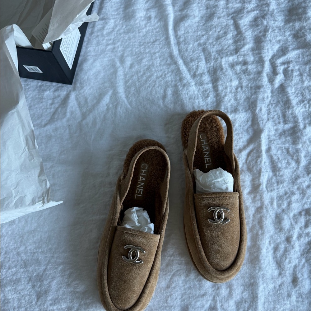 Chanel Tan Suede Loafers with Silver Logo - Picture 2 of 6
